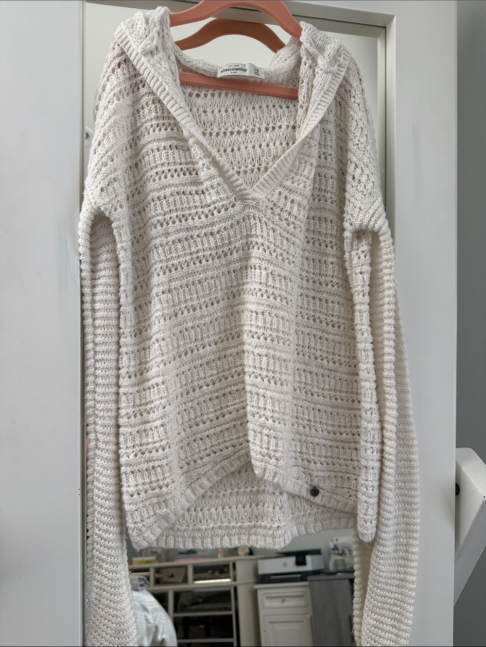 Abercrombie & Fitch Cream Open-Knit V-Neck Hoodie Sweater
